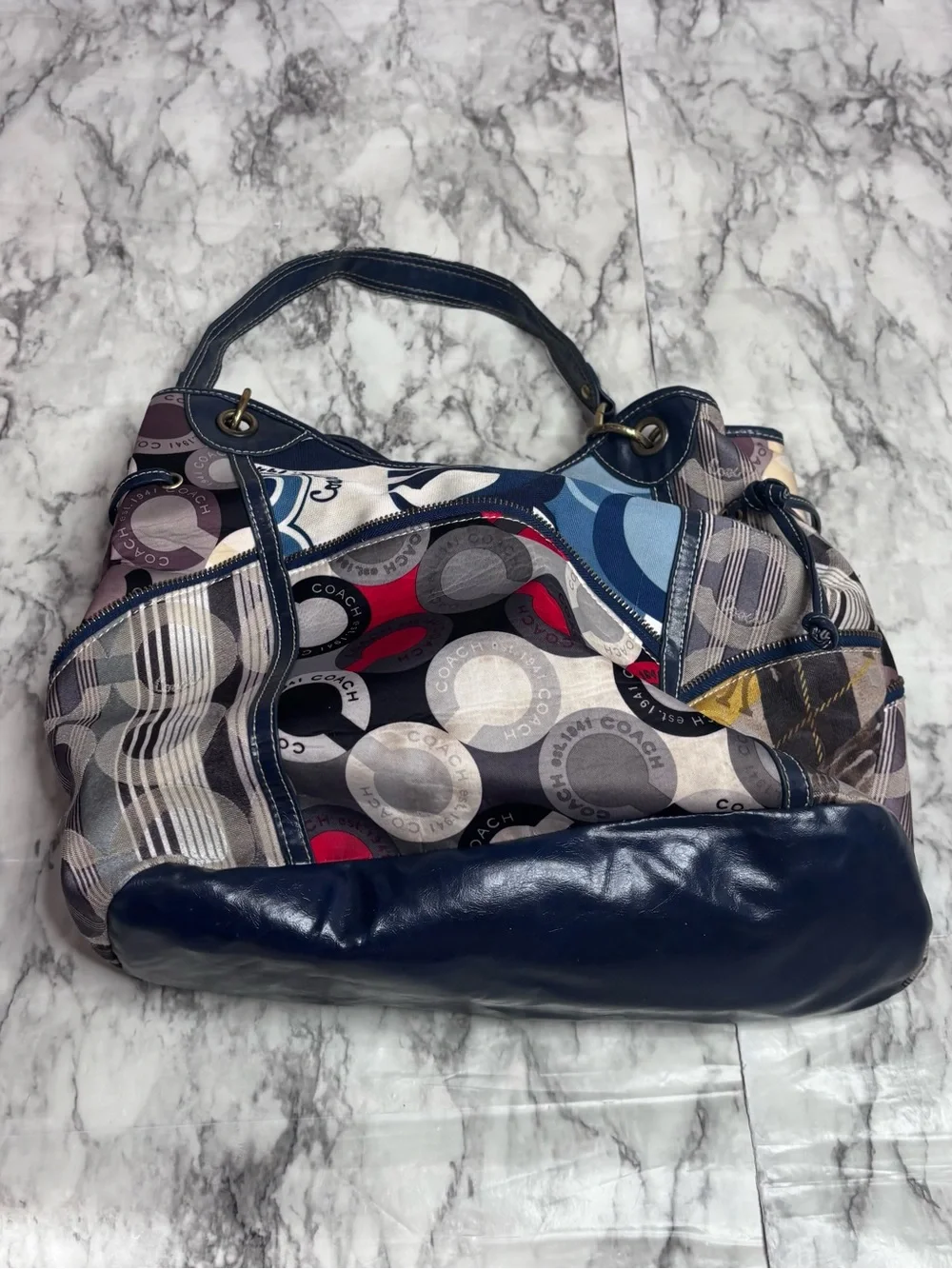 Coach Patchwork Y2K Shoulder Bag Purse multicolor Navy Red Gray Cream retro